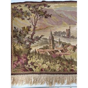 Vintage Tapestry Wall Hanging Valance Fringe Pastoral Victorian 56x28" Castles